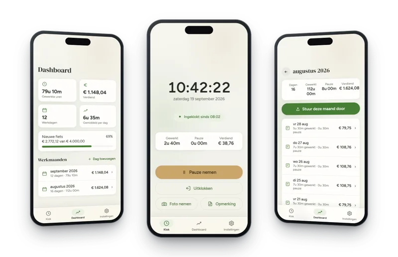 De urenapp op drie telefoons: dashboard, klokscherm en maandoverzicht